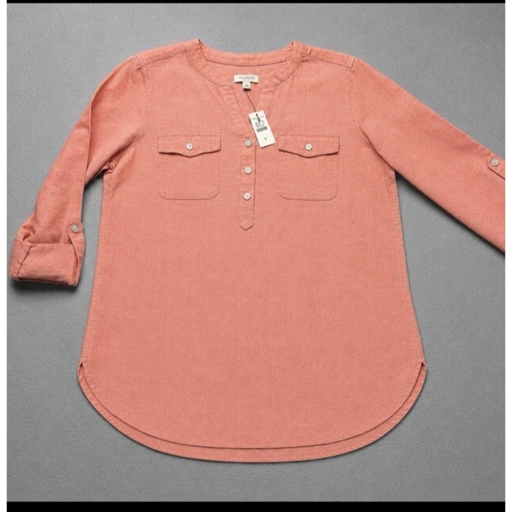 NWT Talbots Linen Henley Band Collar Popover Cross Coral-S